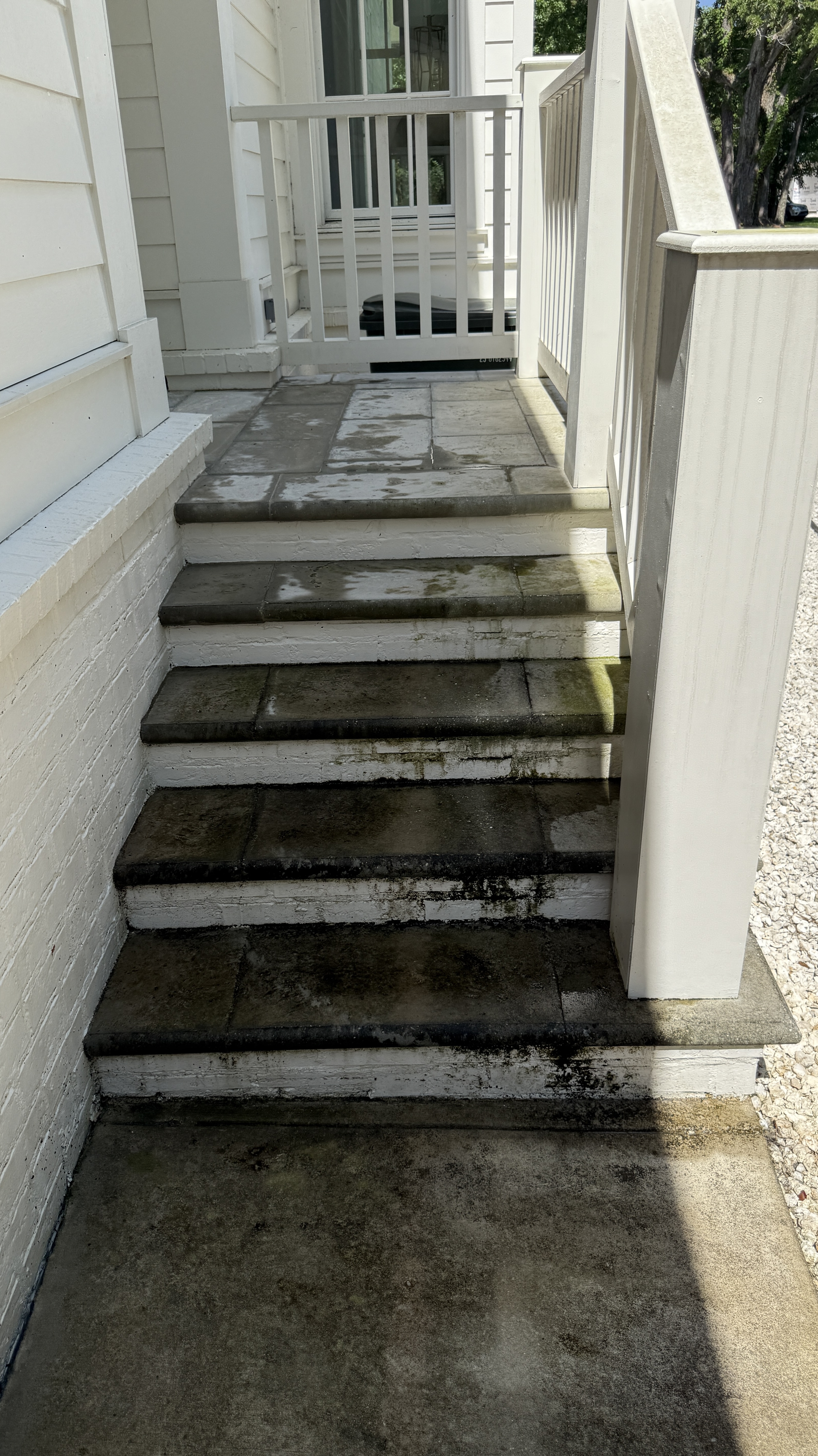 Before pressure washing of outdoor stairs with dark buildup in Fairhope