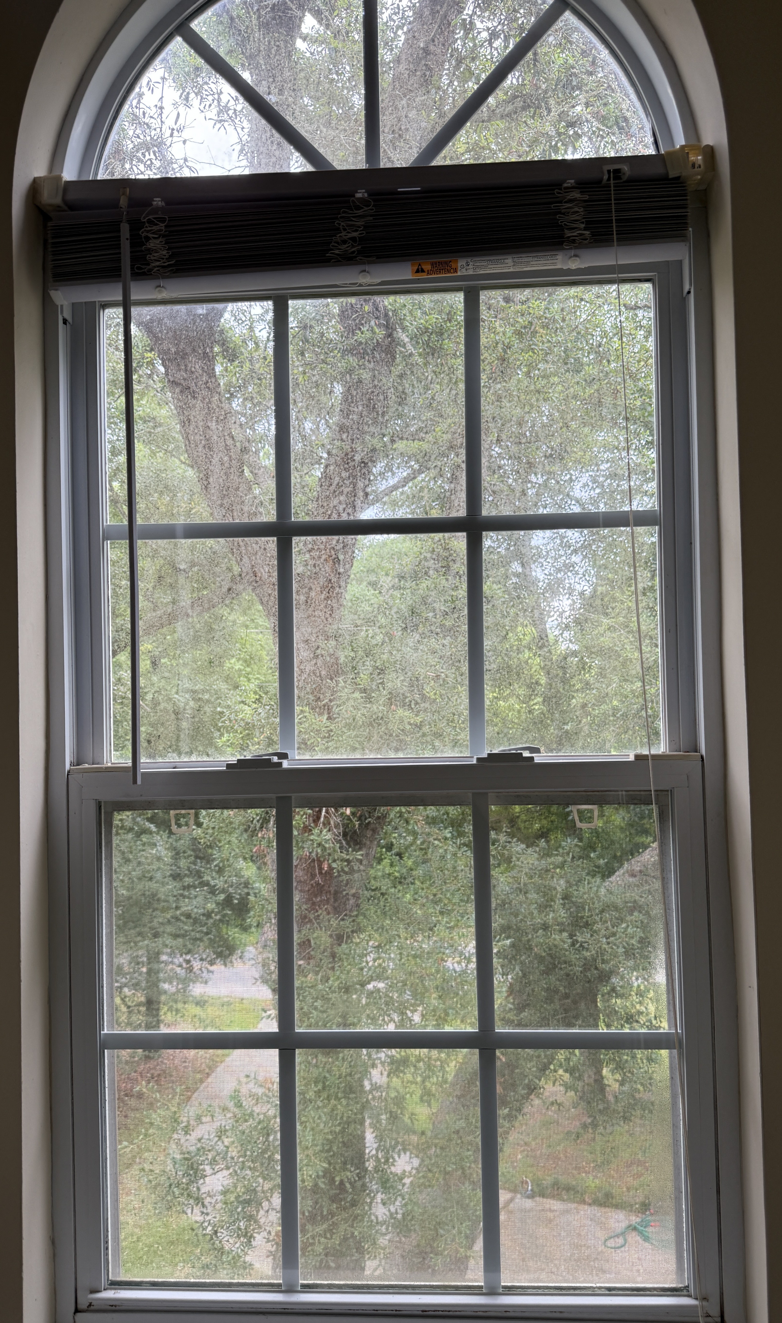 Before interior window cleaning with cloudy buildup on the window
